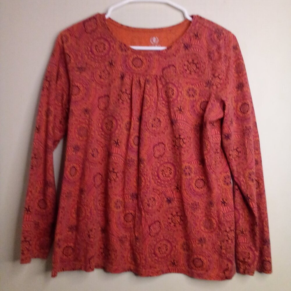 Izod Shirt Women M Long Sleeve 100% Cotton Pattern Orange Purple